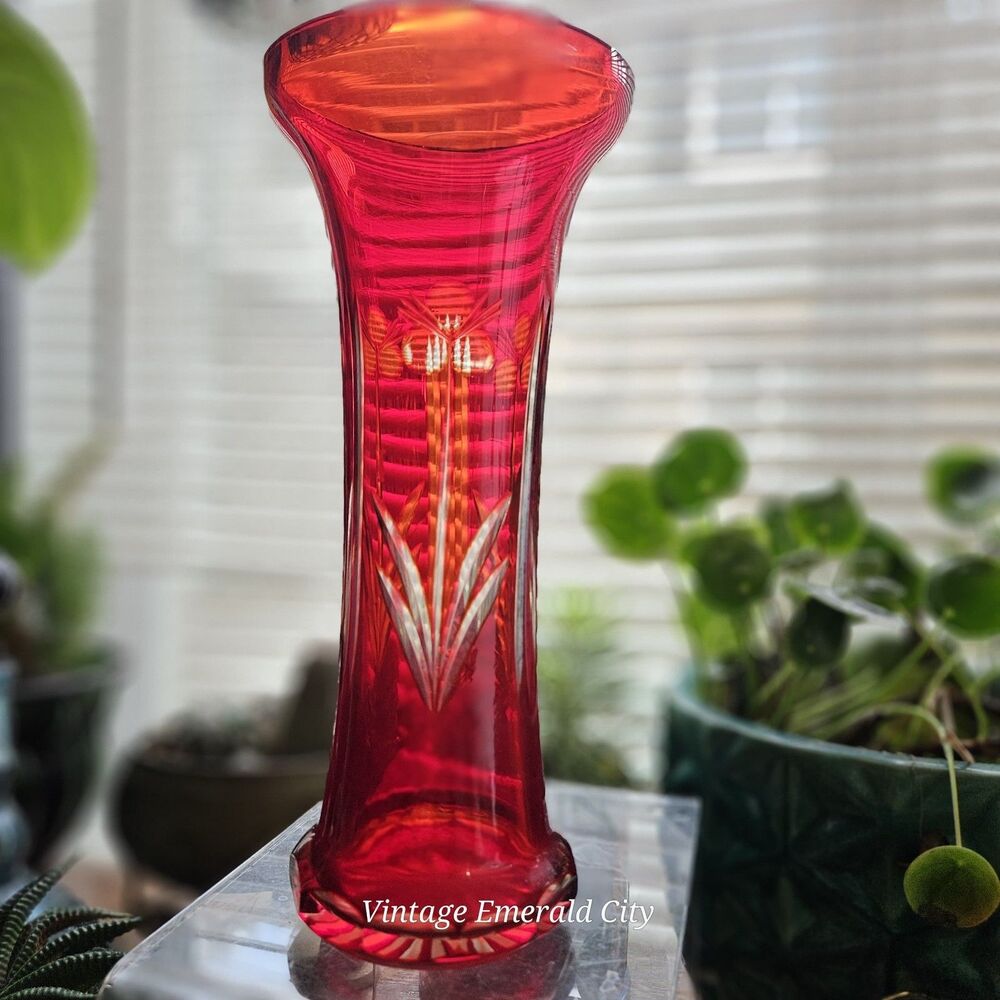 Vintage Badash Crystal Ruby Red Cut to Clear Hand Cut Glass 10" Floral Vase Read